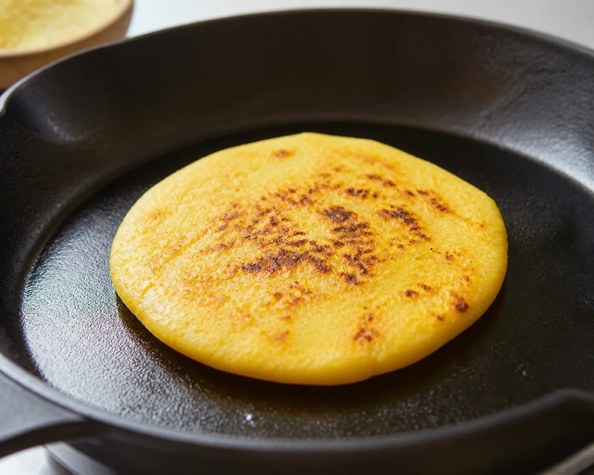 Golden corn arepa grilling in a hot skillet