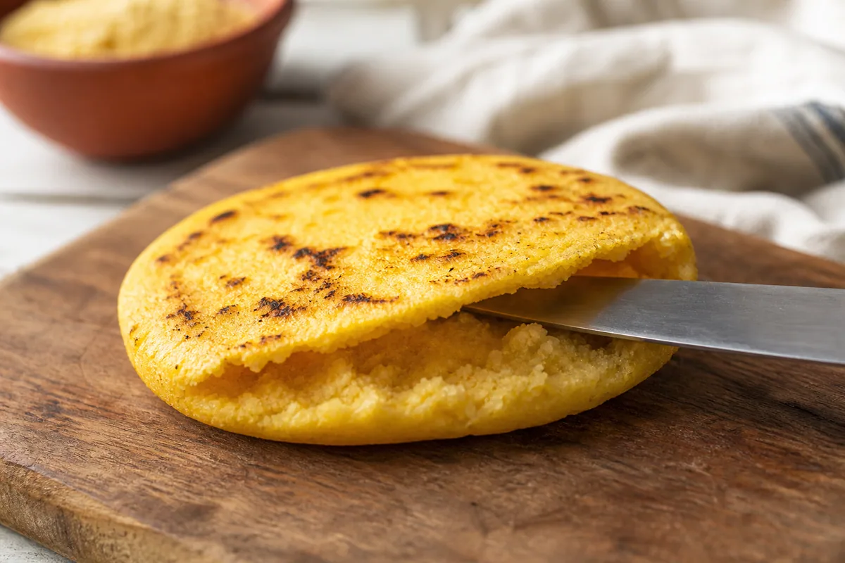Grilled corn arepa opened to create a filling pocket