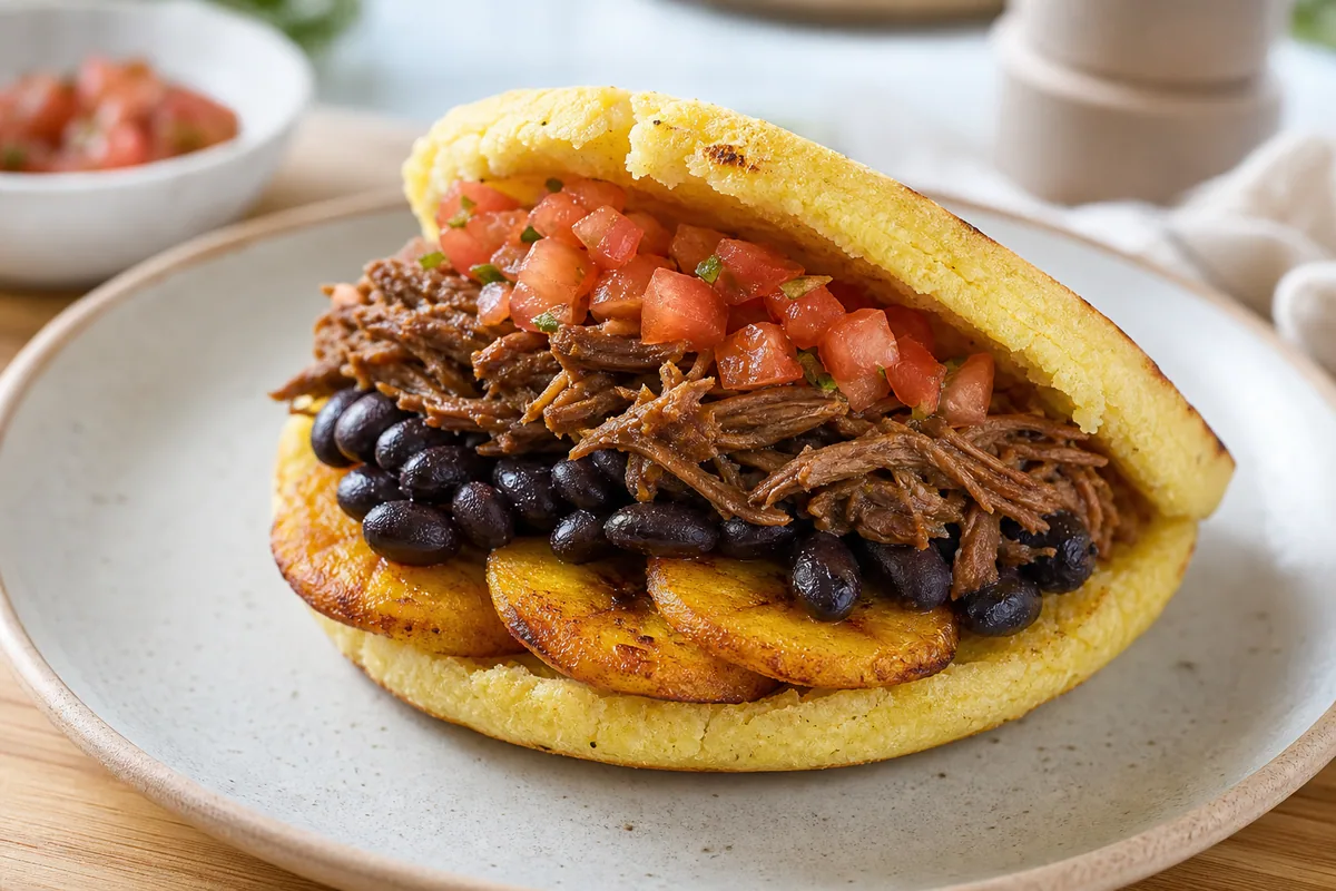 Open arepa filled with plantain, black beans, beef, and tomato
