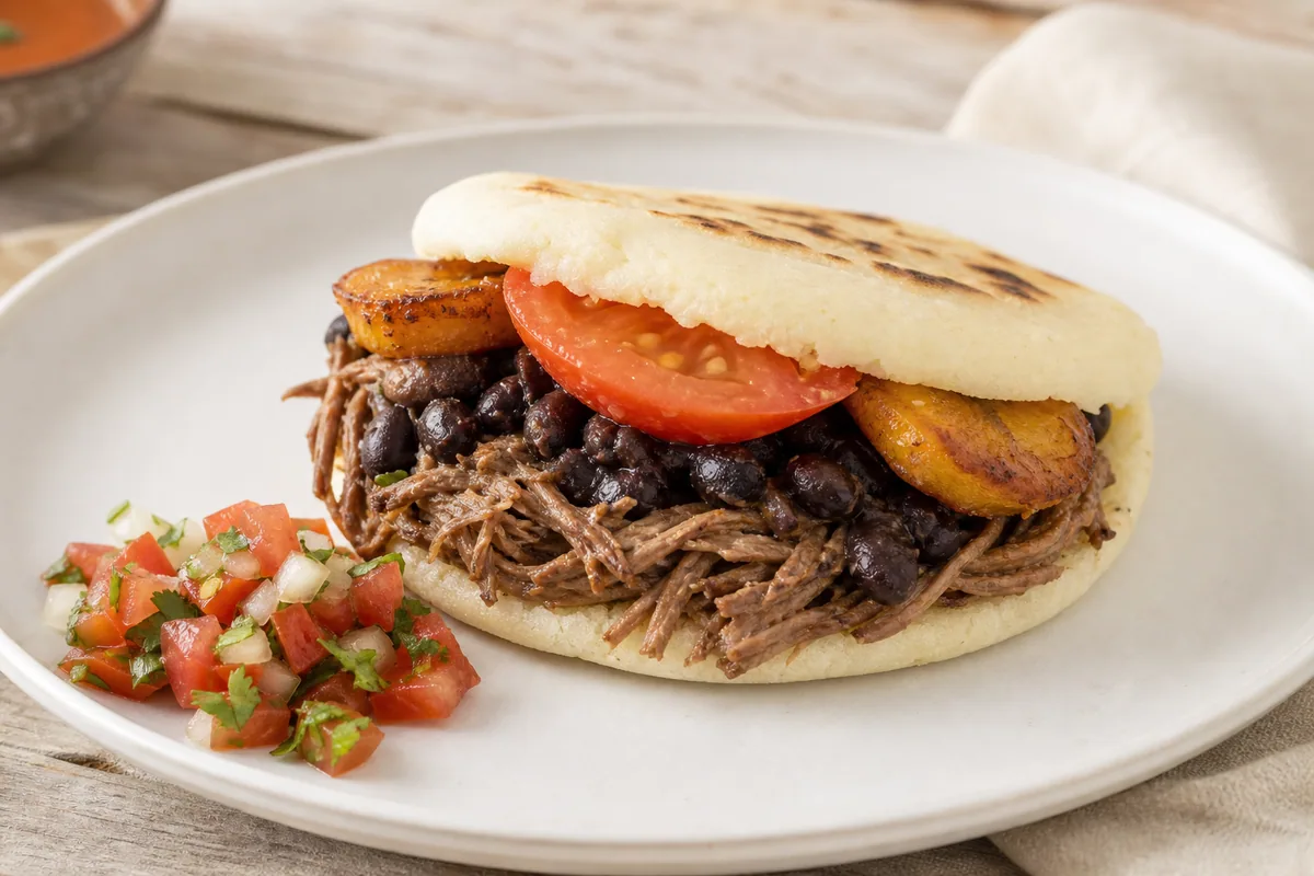 Filled arepa served with pico de gallo on the side