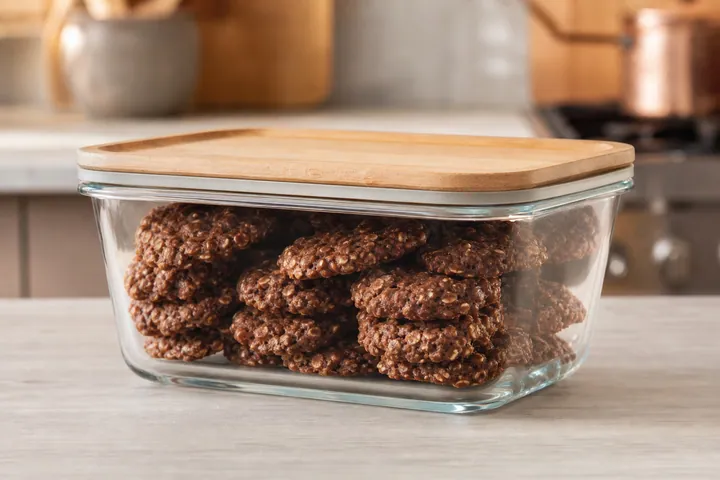 Galletas de avena con chocolate almacenadas en un recipiente sellado