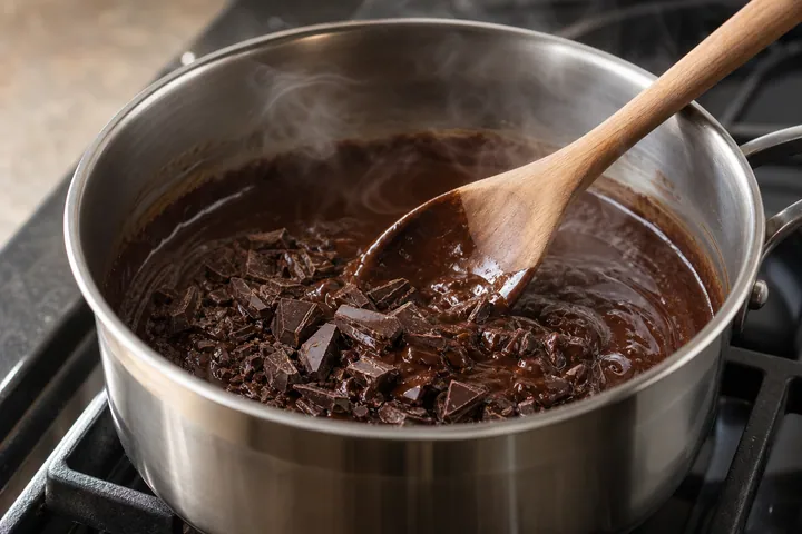El chocolate picado se derrite formando una mezcla cálida y suave.