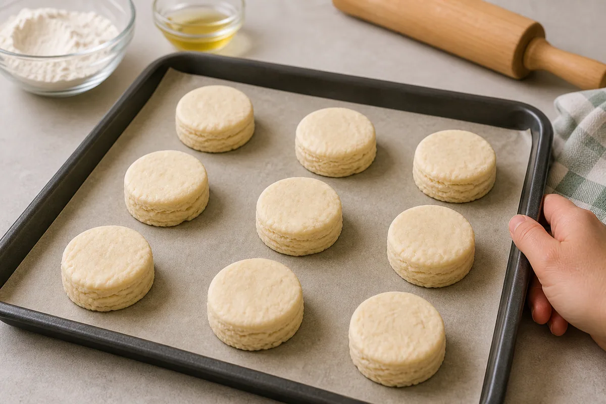 Unbaked dough rounds on a lined baking tray
