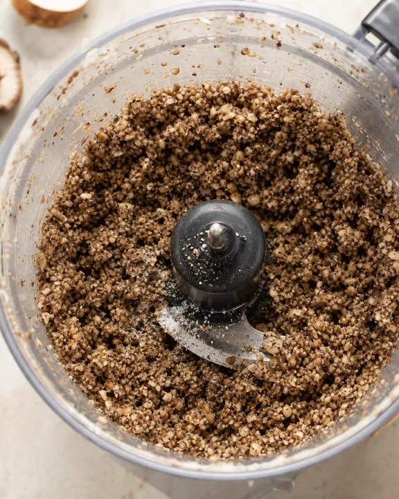 Coarse seasoned mushroom paste in food processor