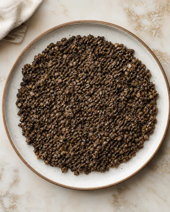 Cooked mushroom duxelles cooling on a plate