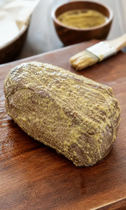 Seared beef fillet brushed with mustard