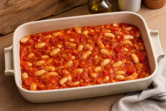 Guiso de alubias y tomate en una fuente apta para horno