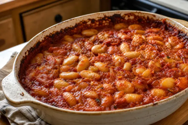 Guiso de alubias horneado con salsa de tomate espesa