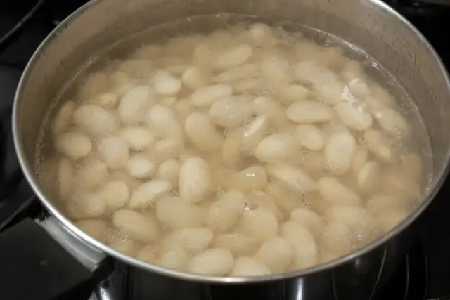 Alubias blancas gigantes cociéndose suavemente en agua