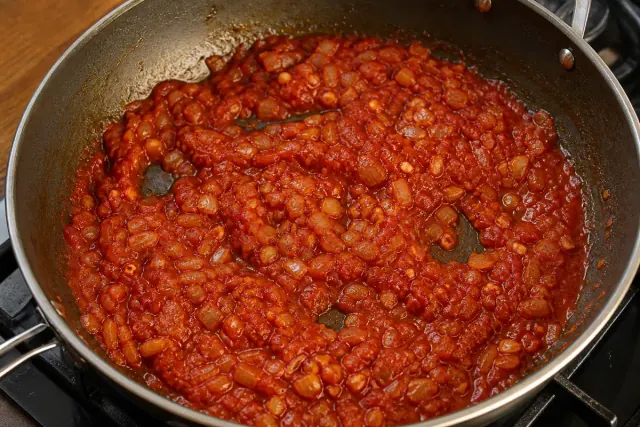 Pasta de tomate cocinándose con cebolla y ajo en una sartén