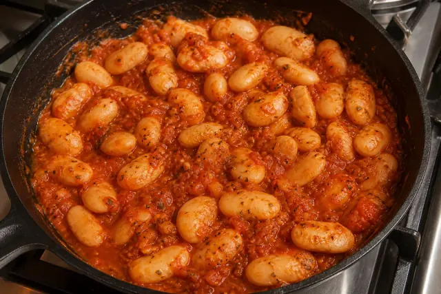 Alubias blancas gigantes mezcladas con salsa de tomate sazonada