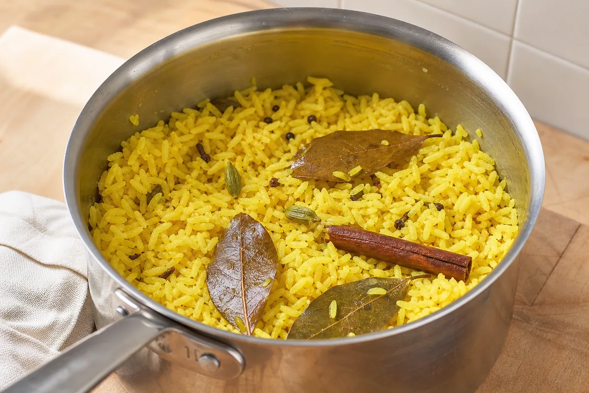 Arroz con cúrcuma cocido con especias enteras listo para retirar