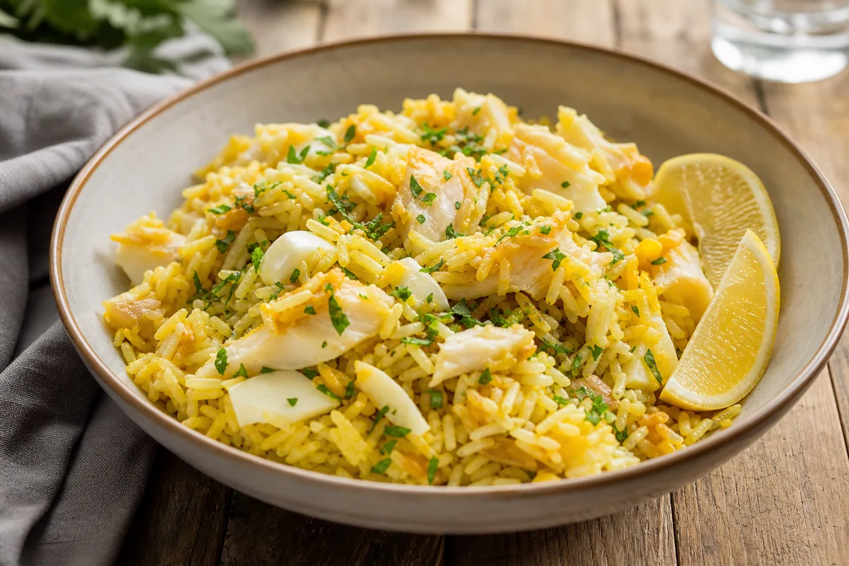 Kedgeree terminado con perejil y rodajas de limón