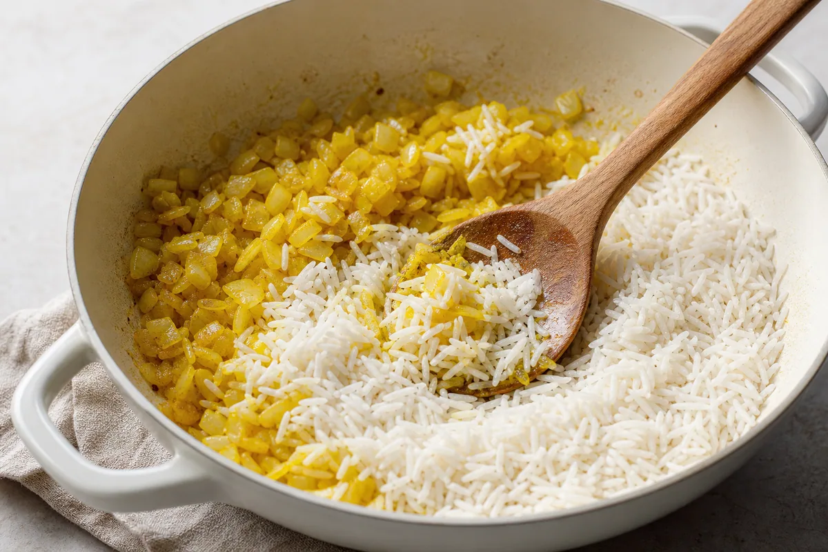 Mezclar arroz basmati con cebolla sazonada con cúrcuma en una olla