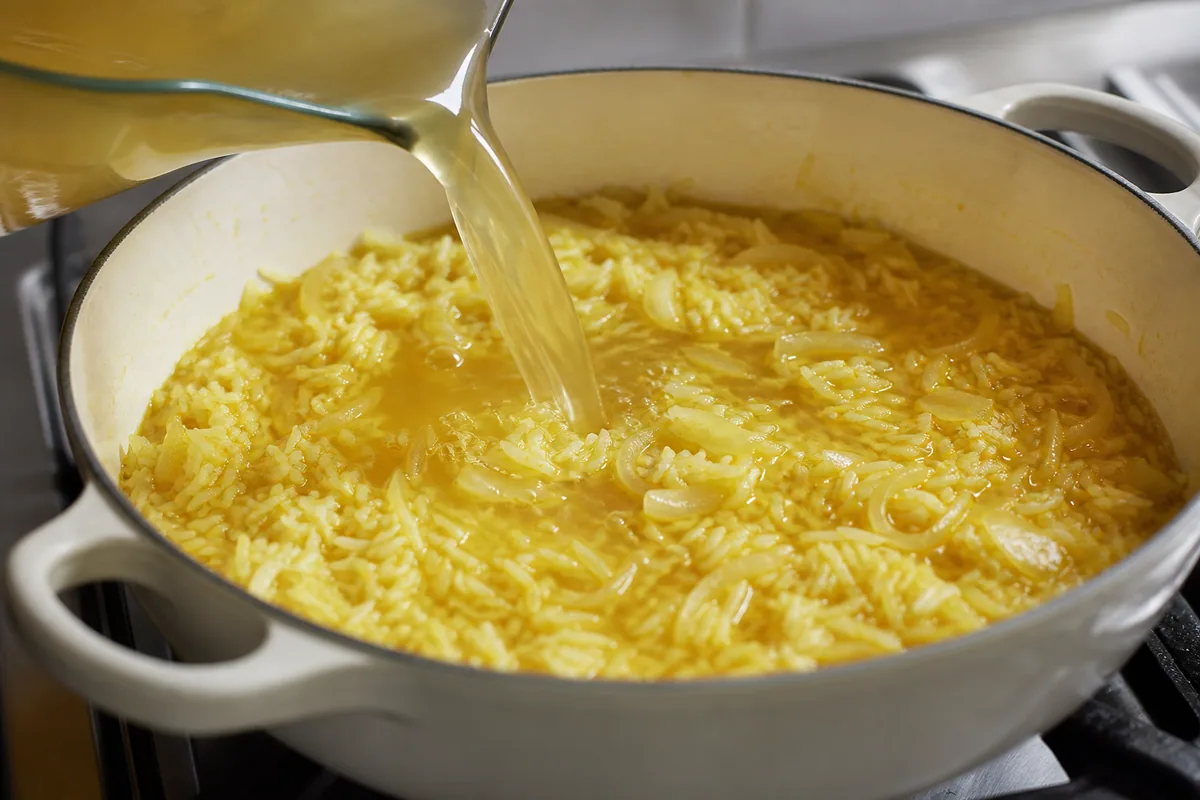 Caldo de pollo vertido sobre arroz especiado y cebolla en una cacerola