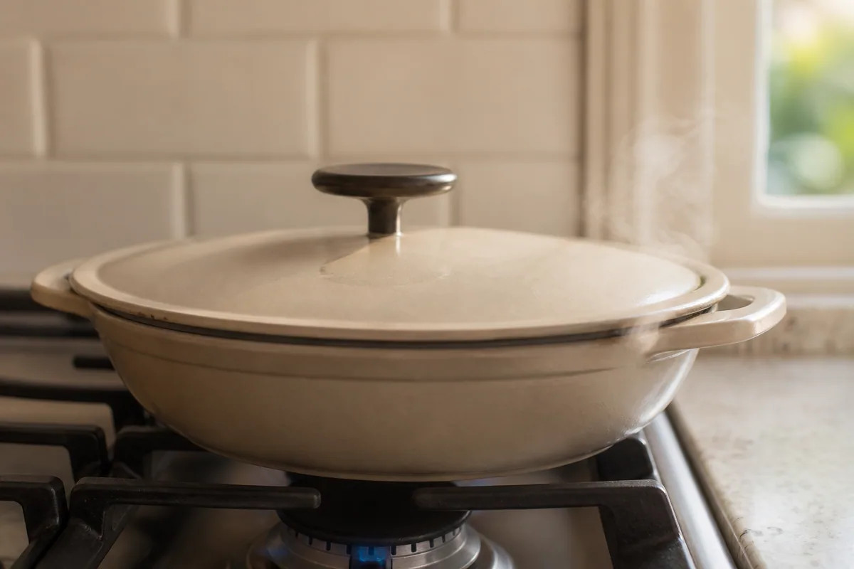 El arroz sazonado se cocina bajo una tapa hermética a fuego lento.