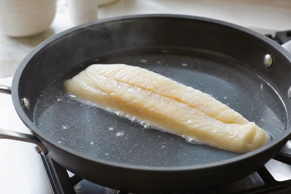 Cocción suave de pescado ahumado en agua burbujeante en una sartén amplia