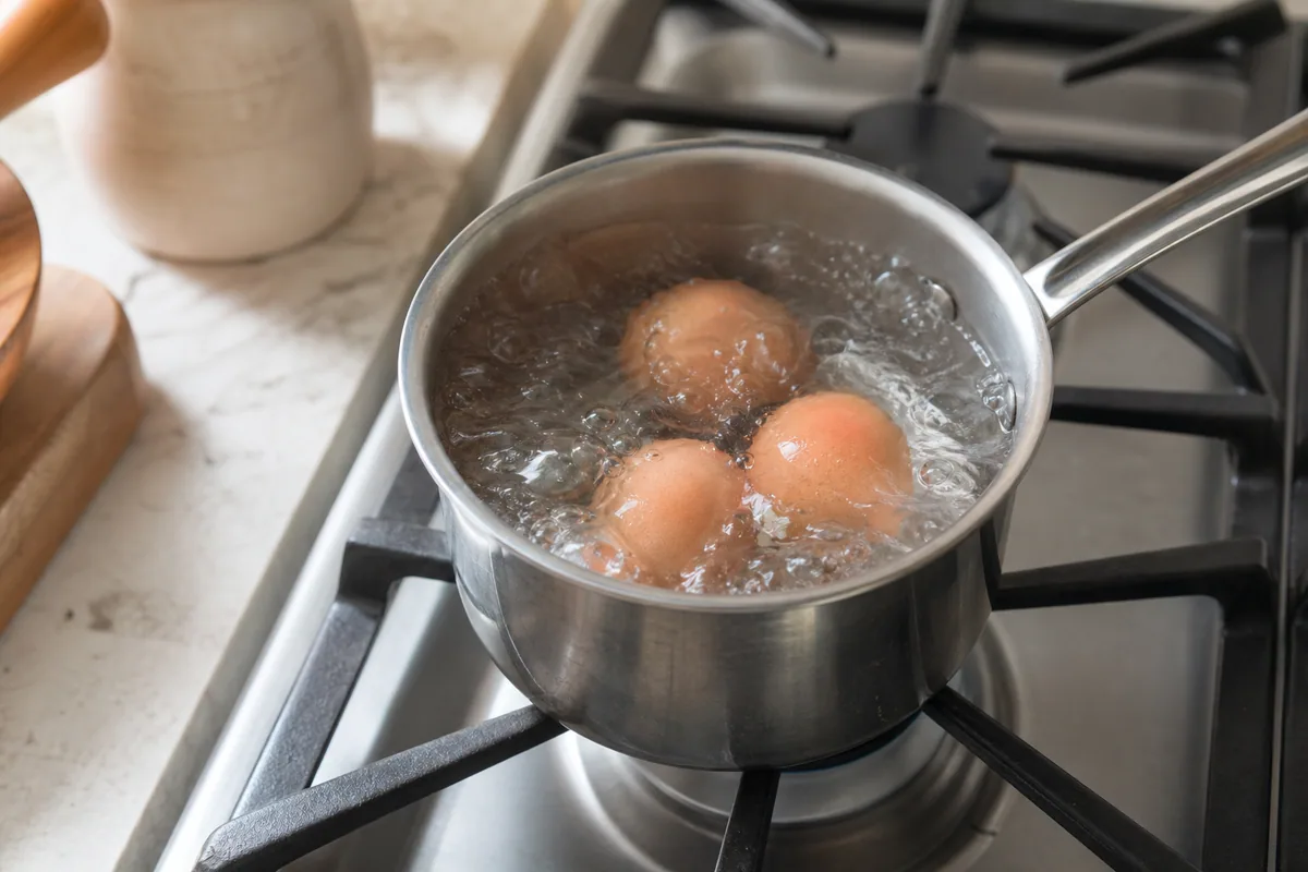 Se cuecen tres huevos en agua hirviendo en una olla pequeña