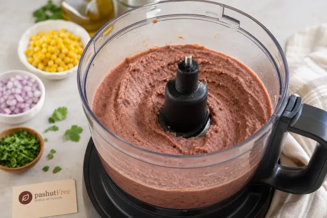 Triturando crema de frijoles rojos en un procesador hasta alisar
