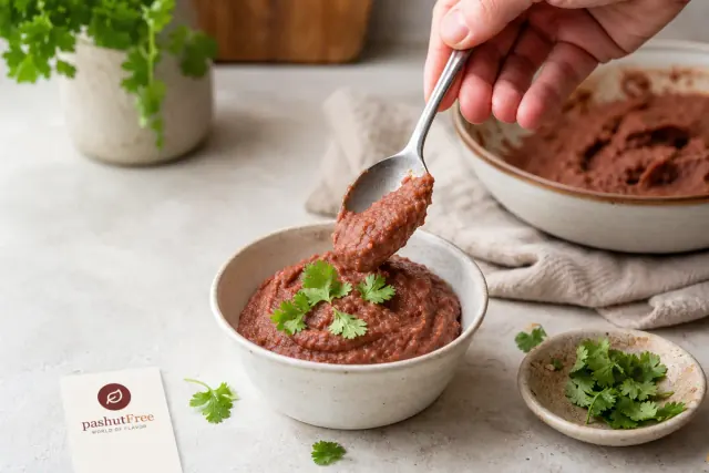 Sirviendo crema de frijoles rojos con cilantro fresco