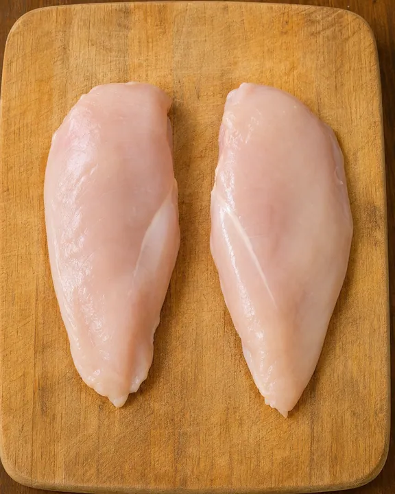 Dos filetes de pechuga de pollo iguales sobre una tabla