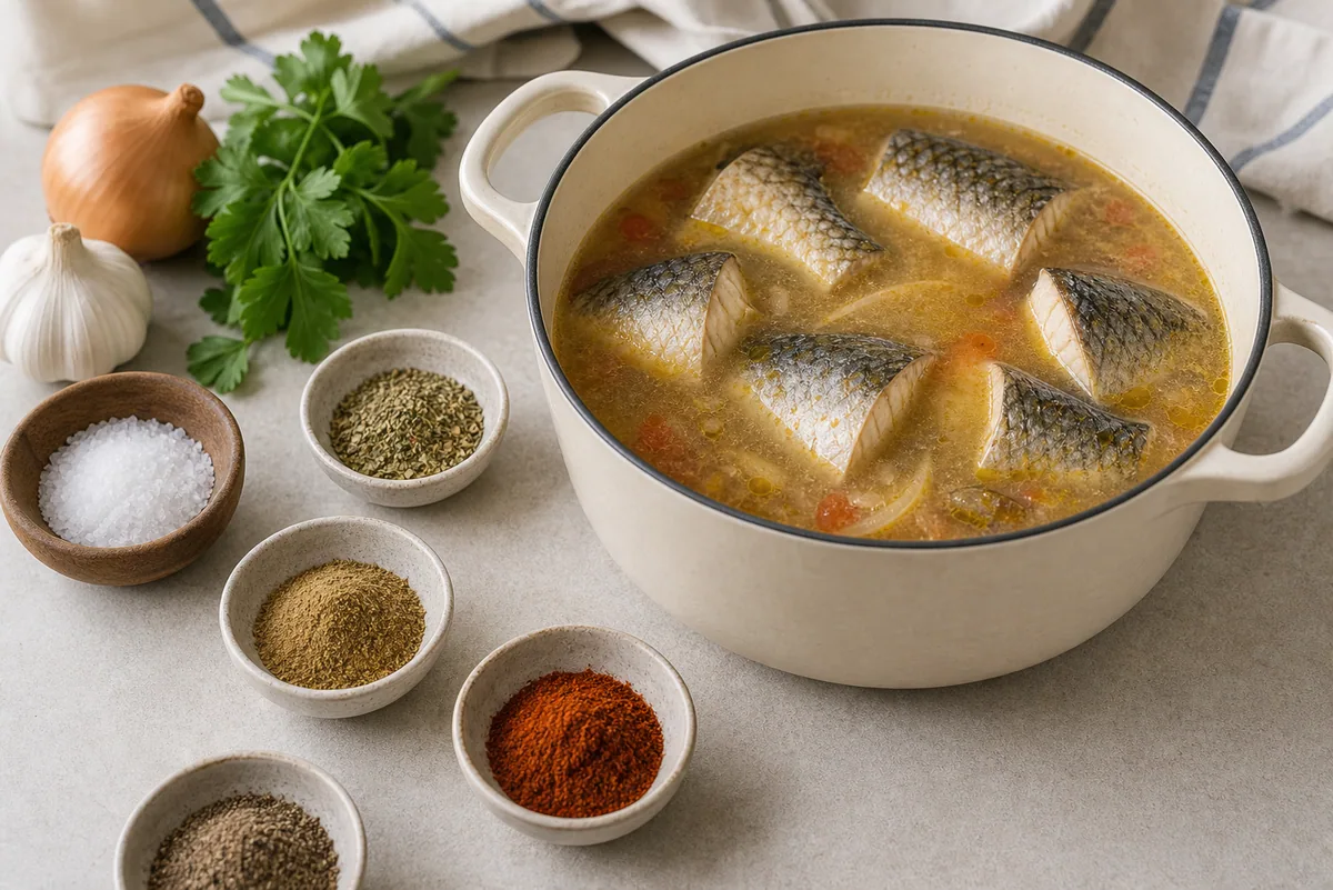 נתחי דג מתבשלים במרק מתובל בסיר