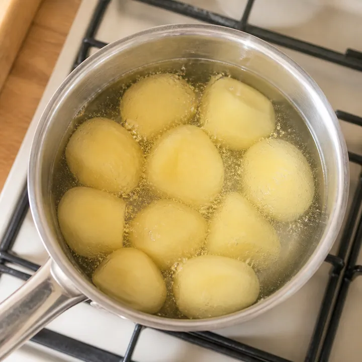 Peeled potatoes simmering in water in a stainless-steel pot