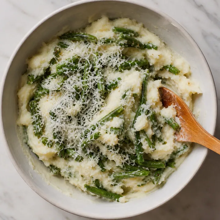 Green beans and grated cheese being folded into creamy mashed potatoes