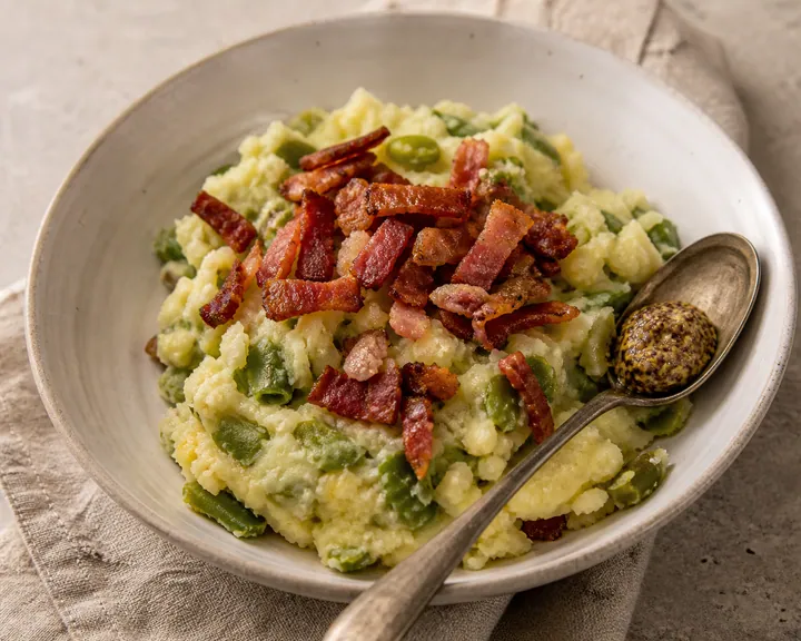 Mashed potatoes and green beans served with crisp bacon pieces and grainy mustard