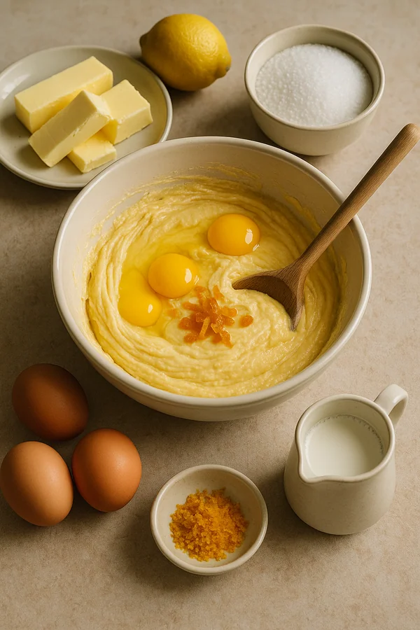 Masa de pastel en un bol con huevos, mantequilla, limón y ralladura